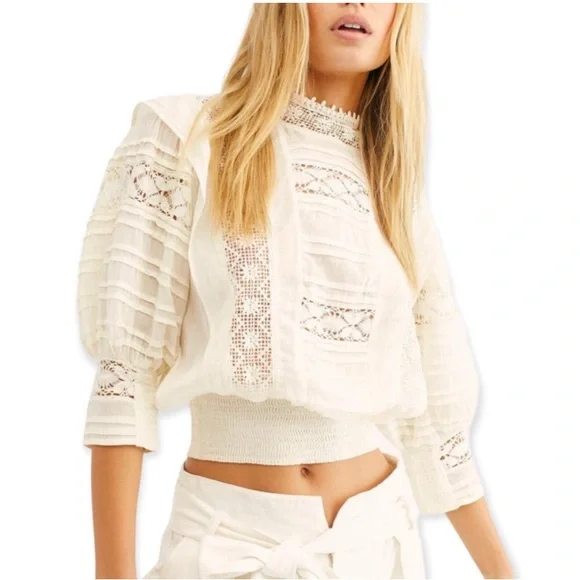 NWOT Free People Victorian Crochet Lace Ruffle 3/4 Sleeve Blouse Cottagecore - Picture 6 of 15